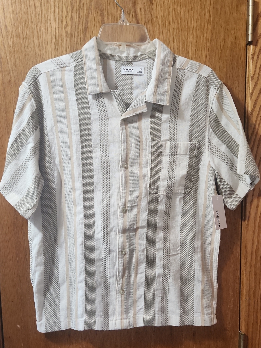 Sonoma Youth Short-Sleeve Stripe Button-Down Shirt - White & Tan & Gray